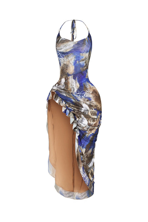 Sorrento Mesh Print Ruffle Midi Dress