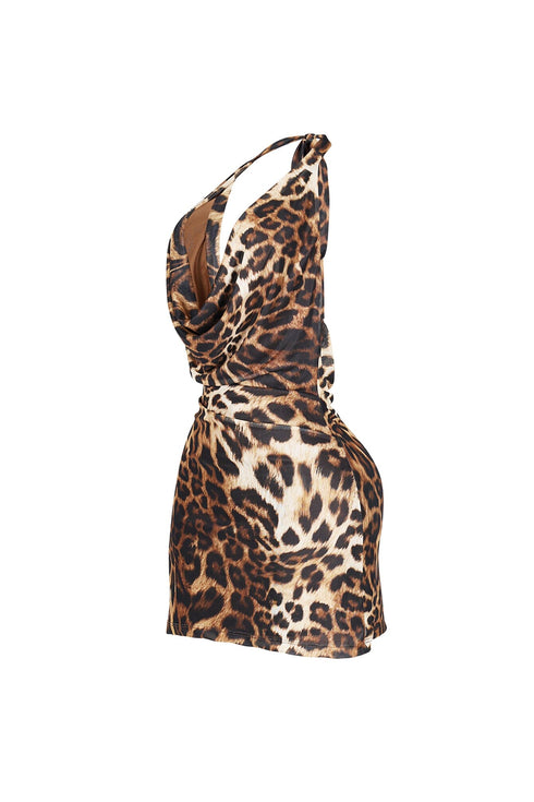 Astrella Leopard Cowl Neck Mini Dress