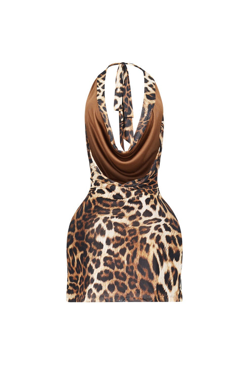 Astrella Leopard Cowl Neck Mini Dress