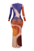 Zen Print Mesh Long Sleeve Maxi Dress