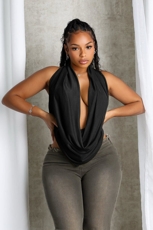 Cascading Mesh Cowl Neck Tie Top