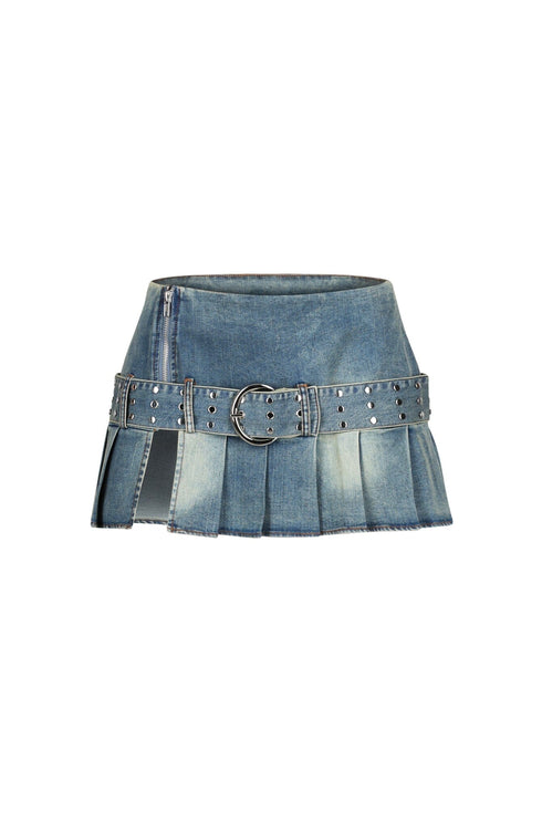 Sweet Talker Belted Micro Denim Pleated Skirt