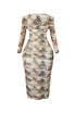 Everson Print Mesh Ruched Off Shoulder Long Sleeve Midi Dress