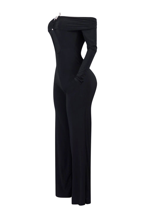 Randy Rhinestone Off Shoulder Long Sleeve Jumpsuit