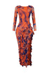Crazy For U Print Mesh Ruffled V Back Maxi Dress