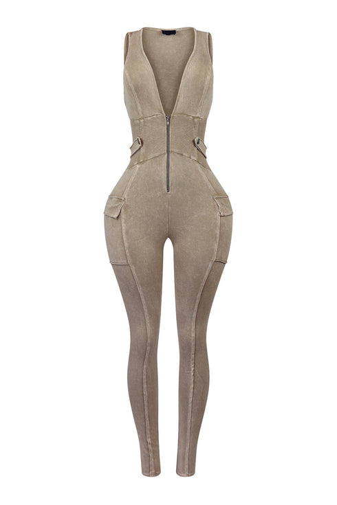 Nicole Mineral Washed Zip Up Sleeveless Jumpsuit