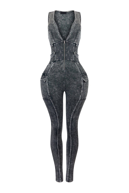 Nicole Mineral Washed Zip Up Sleeveless Jumpsuit