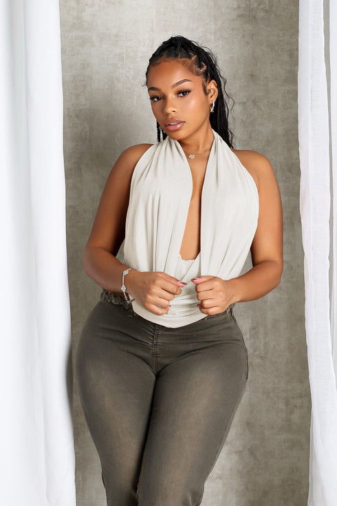 Cascading Mesh Cowl Neck Tie Top