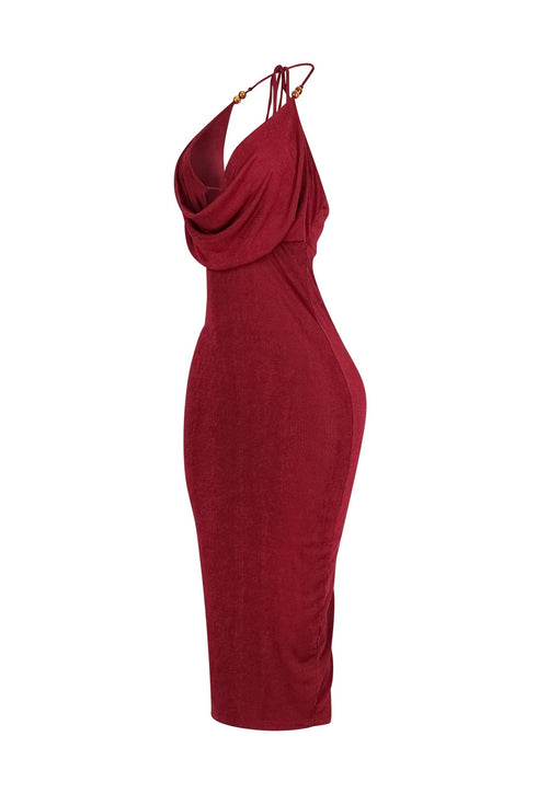 Truffle Slinky Cowl Neck Halter Midi Dress