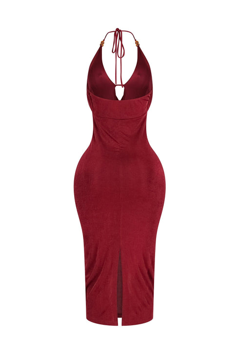 Truffle Slinky Cowl Neck Halter Midi Dress