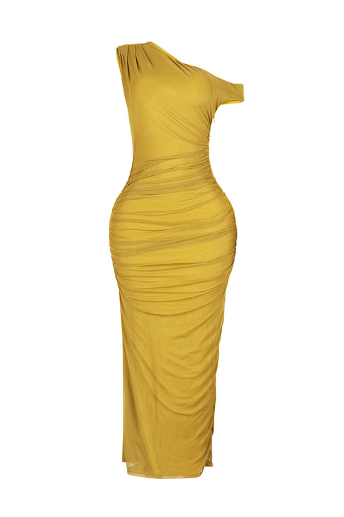 Theia Asymmetrical Ruched Mesh Dress