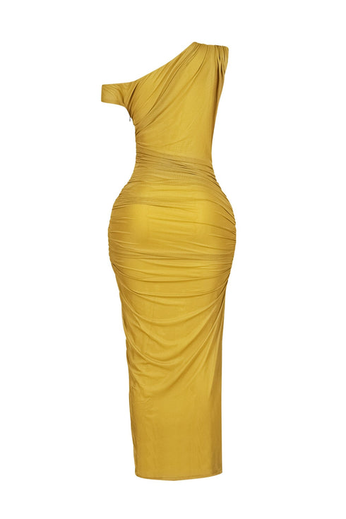 Theia Asymmetrical Ruched Mesh Dress