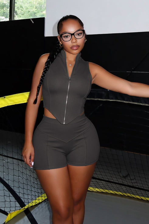 Classic Zip Up Cropped Tank Top & Shorts SET