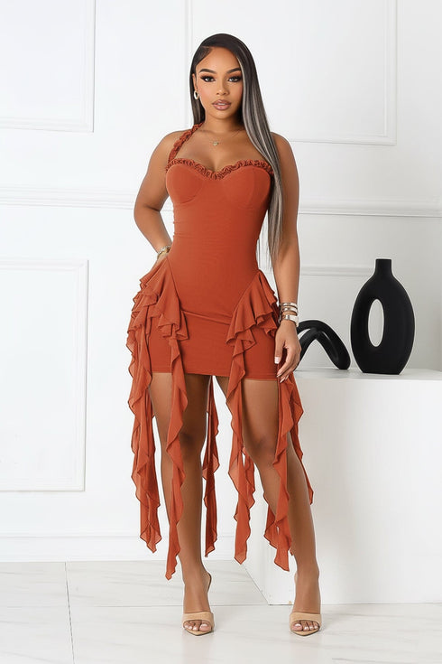 Rumba Mesh Ruffled Halter Dress