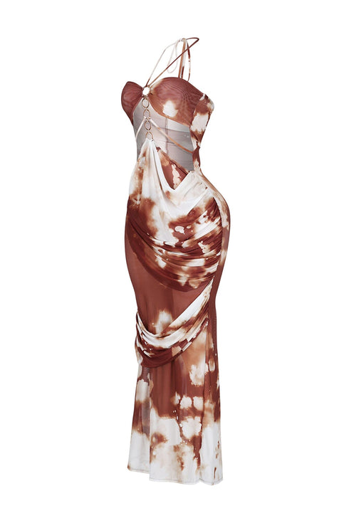 Rust Afterdark Mesh Print Halter Maxi Dress