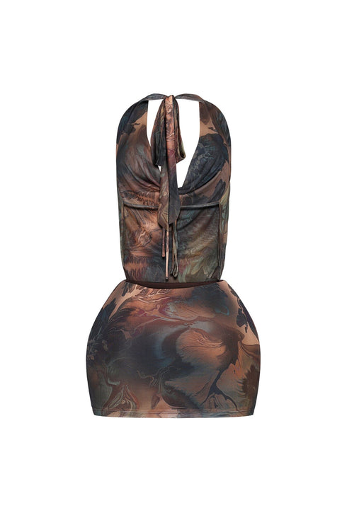 Ochre Melt Mesh Print Halter Dress