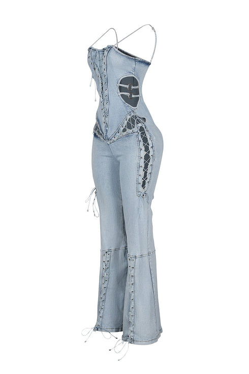 Rebel Fit Lace Up Denim Jumpsuit