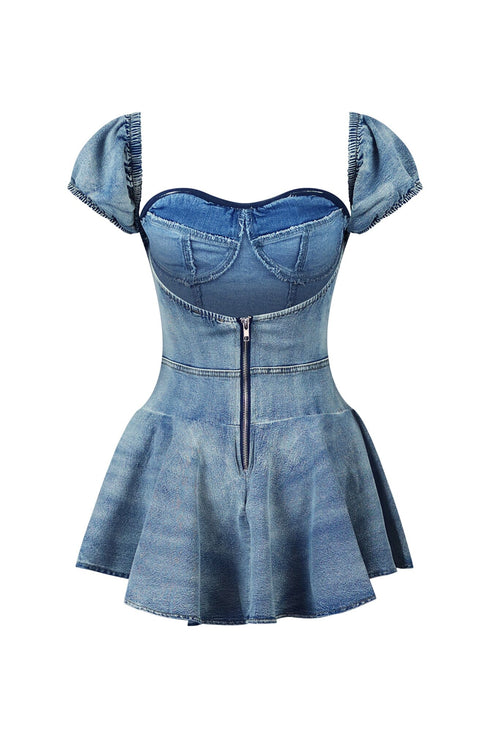 Reuben Washed Denim Pleated Mini Dress
