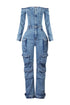 Carla Denim Off Shoulder Cargo Jumpsuit