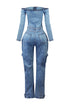 Carla Denim Off Shoulder Cargo Jumpsuit