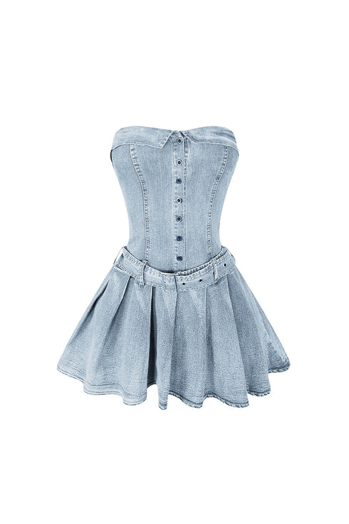 Allie Pleated Belt Strapless Denim Dress