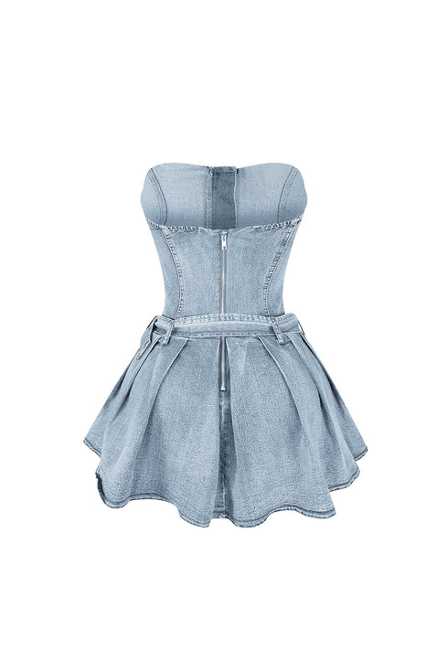 Allie Pleated Belt Strapless Denim Dress