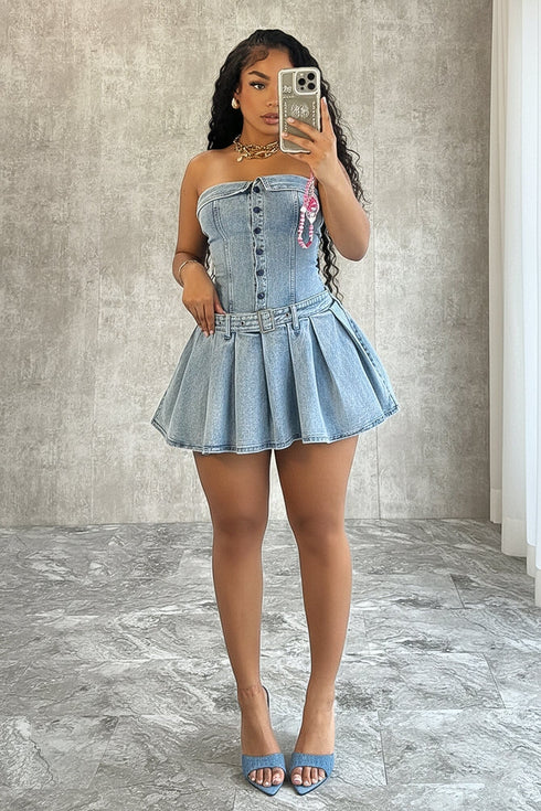 Allie Pleated Belt Strapless Denim Dress