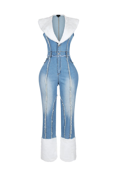 Flurry Charm Faux Fur Denim Jumpsuit