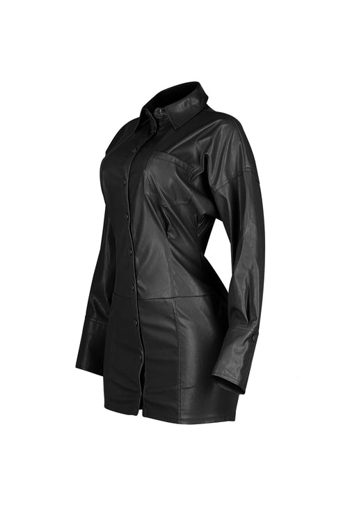 Velora Noir PU Button Up Dress