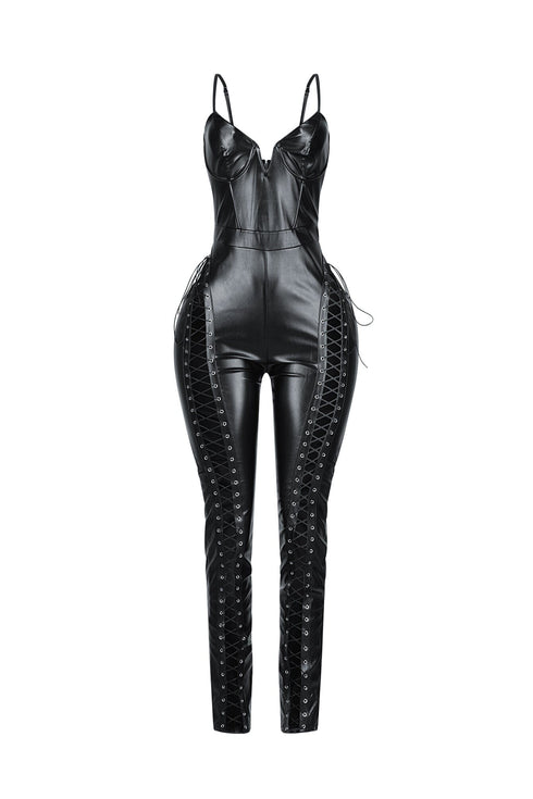 Femme Voltage PU Lace Up Jumpsuit