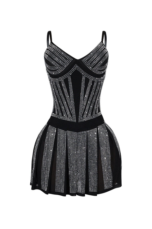 Marie Mesh Rhinestone Pleated Mini Dress