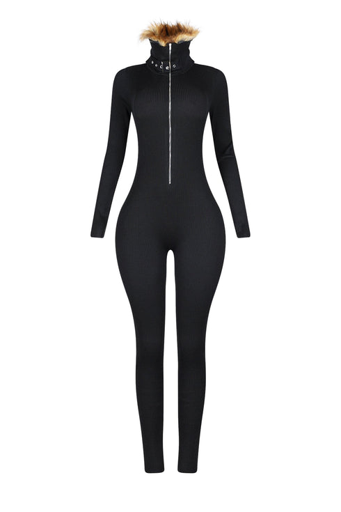 KS Power knit Jumpsuit With Fur Collar