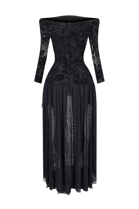 Alaina Velvet Burnout Off Shoulder Maxi Dress