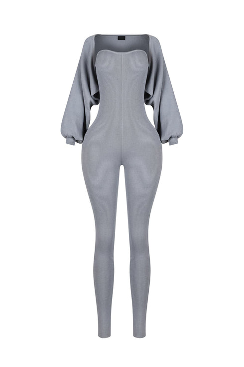 Clover Ribbed Knit Jumpsuit With Bolero SET