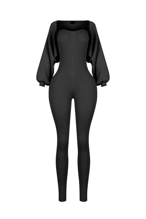 Clover Ribbed Knit Jumpsuit With Bolero SET