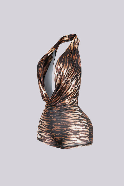 Saskia Zebra Print Cowl Neck Romper