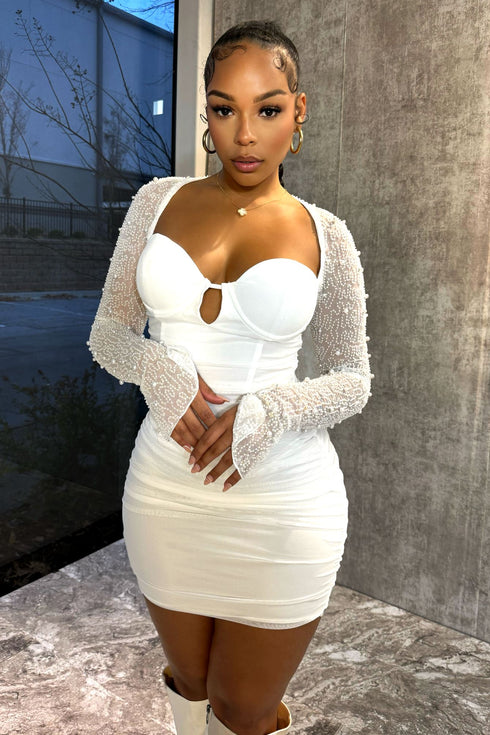 Snow Globe Mesh Pearl Dress Dress EDGE Small White