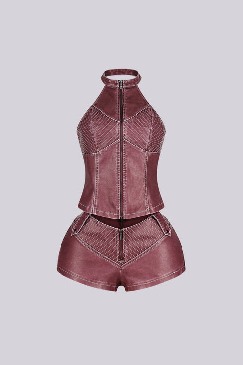 Mono Faux Leather Halter Top & Shorts SET
