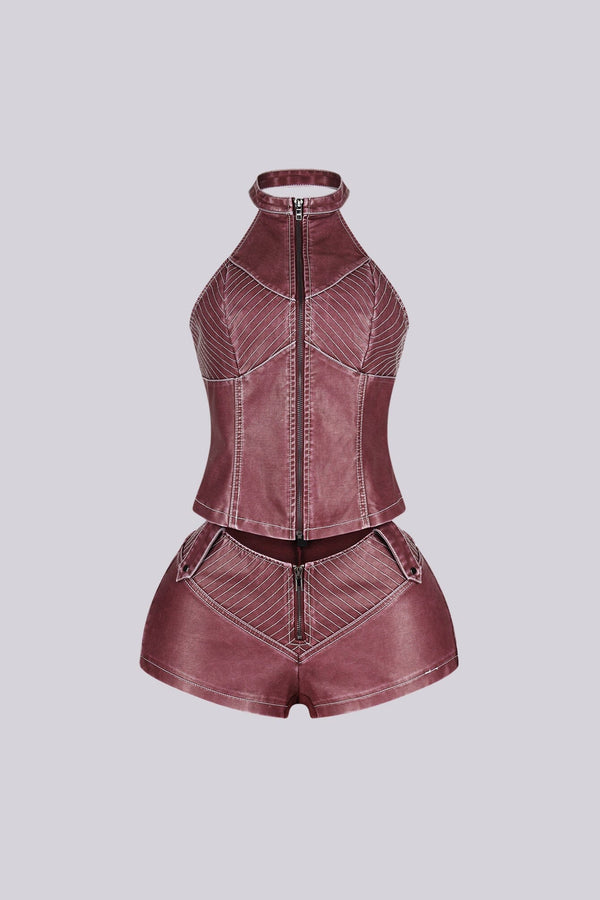 Mono Faux Leather Halter Top & Shorts SET