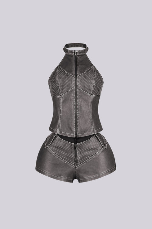Mono Faux Leather Halter Top & Shorts SET
