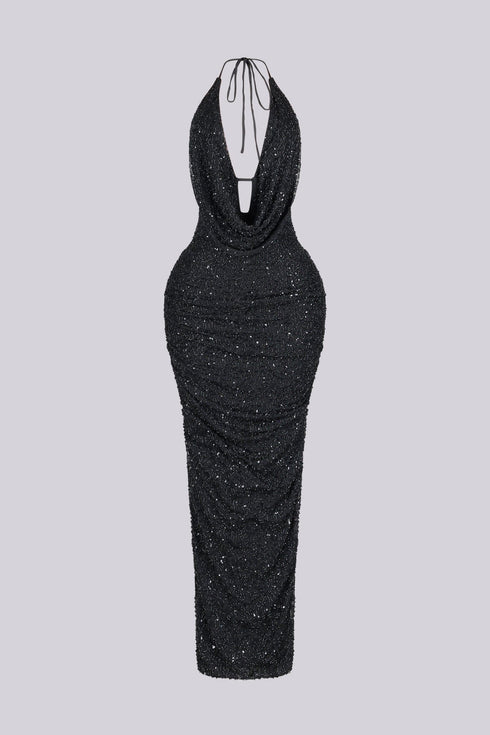 Viva Rhinestone Beaded Halter Maxi Dress