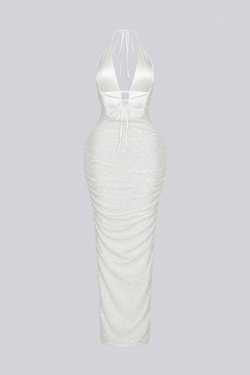 Viva Rhinestone Beaded Halter Maxi Dress