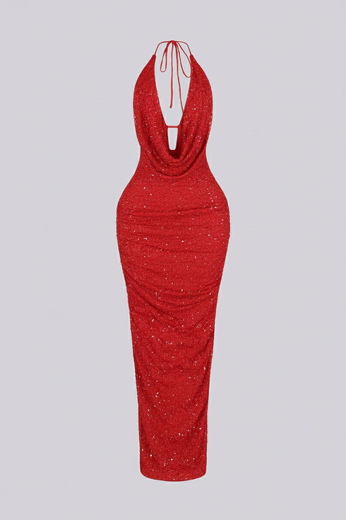 Viva Rhinestone Beaded Halter Maxi Dress