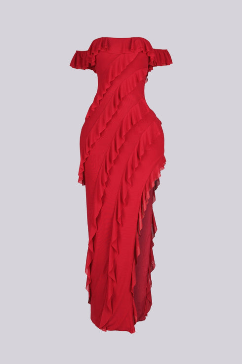 Belle Nuit Mesh Ruffled Maxi Dress