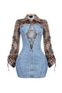 Jordie Denim Contrast Checkered Cutout Mini Dress