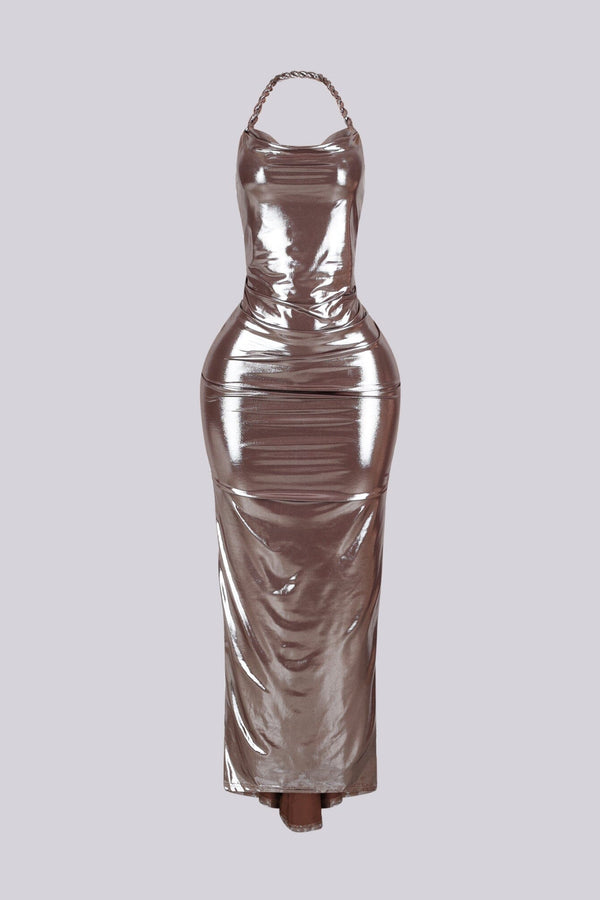 Selene Metallic Twisted Halter Maxi Dress