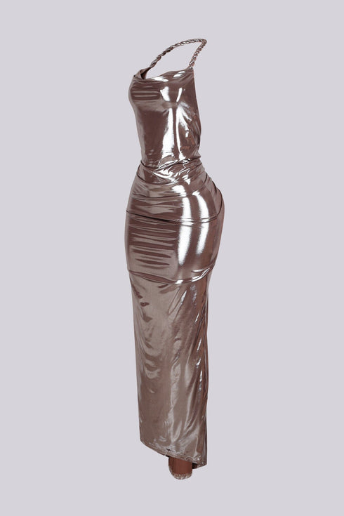 Selene Metallic Twisted Halter Maxi Dress