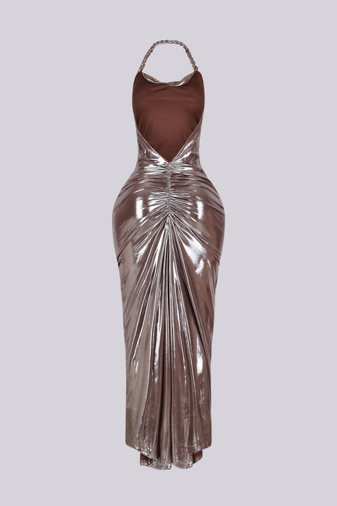 Selene Metallic Twisted Halter Maxi Dress