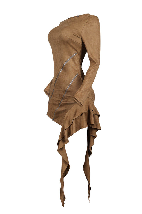 Chantel Suede Zipper Ruffle Mini Dress