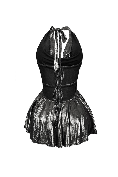 Lilybeth Foil Halter Flare Mini Dress